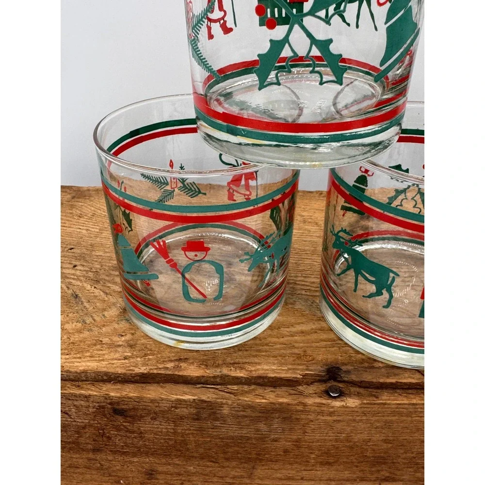 Vintage Nadir Figueiredo Brazil Christmas Rocks Glasses Set of 5 Moose Santa Red
